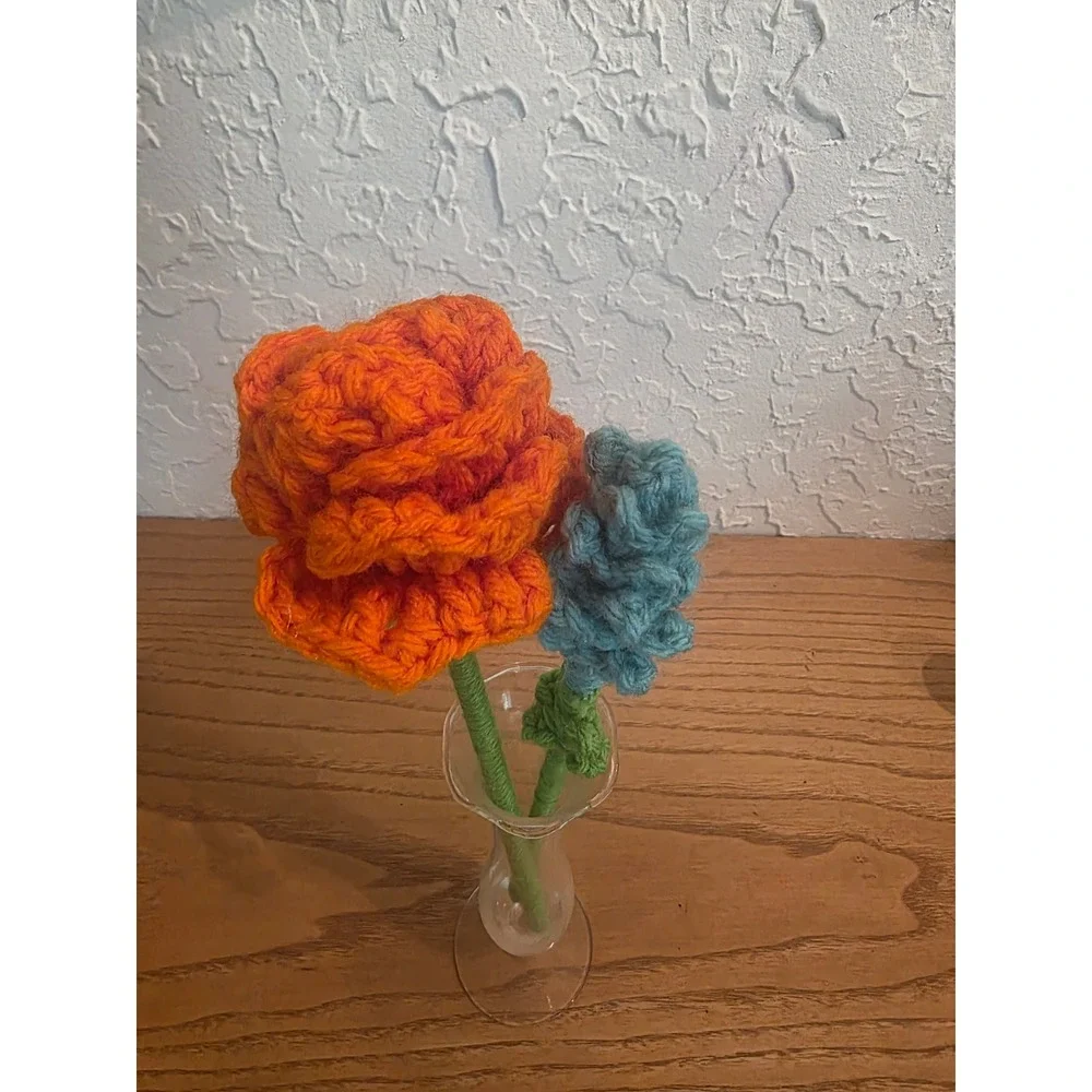 Handmade Crochet Flower Bouquet Orange Rose Blue Lavender Cottagecore Decor 2pc